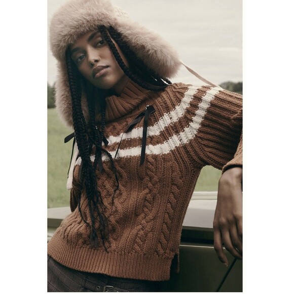 Anthropologie Maeve Turtleneck Balloon-Sleeve Bow Sweater Size Sm Honey NWT - Picture 3 of 9